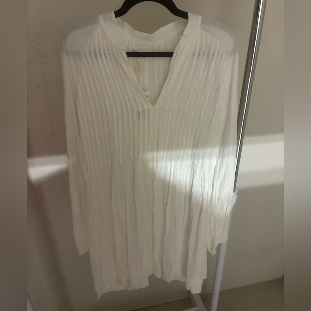 H&M Cream Pleated Long Sleeve Dress with Mandarin Collar
